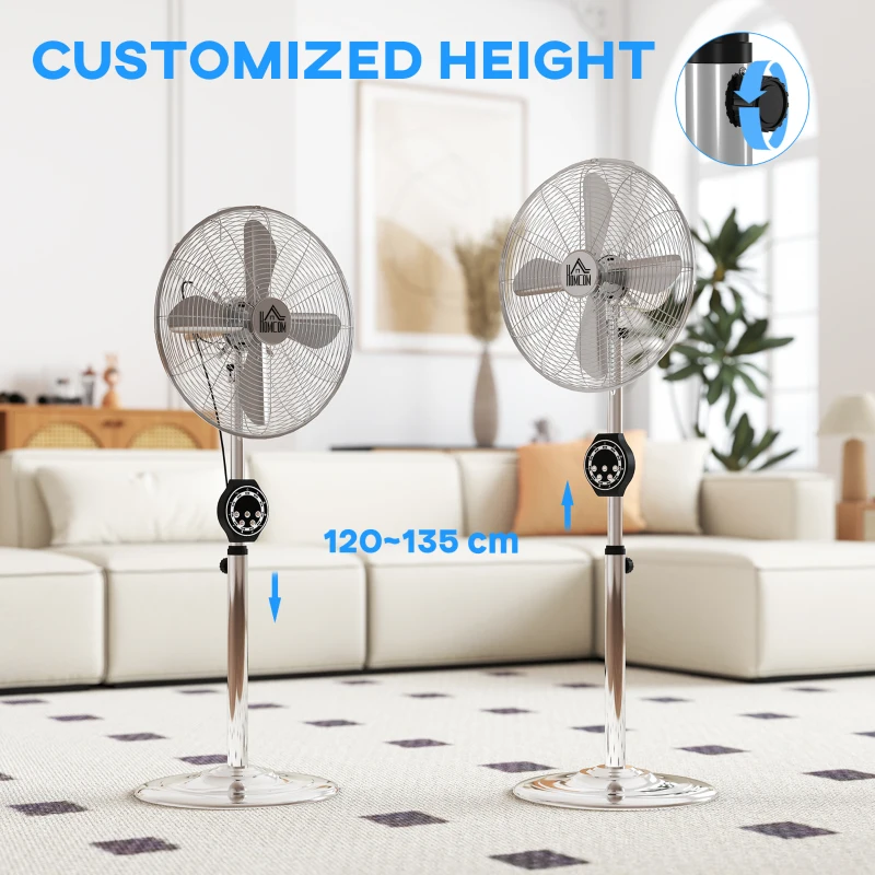 HOMCOM 16" Metal Pedestal Fan with Oscillating, Adjustable Height - Silver Tone