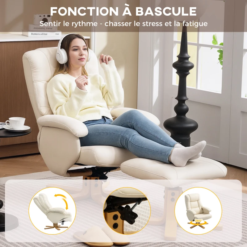 HOMCOM Fauteuil relax avec repose-pied fauteuil de relaxation pivotant 360° dossier inclinable charge 120 Kg crème(m-5)