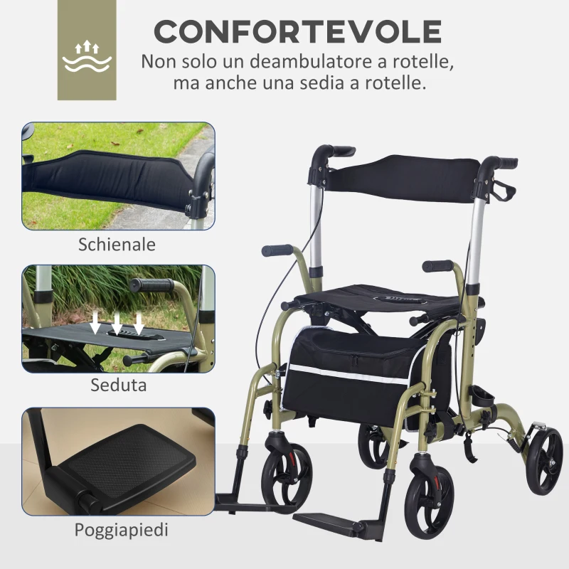 HOMCOM Deambulatore Pieghevole con Poggiapiedi e Borsa, in Alluminio, PP e Poliestere, 59x104x88-101 cm, Giallo e Verde