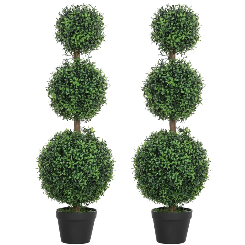 HOMCOM Lote de 2 árboles artificiales 101,6 cm 3 bolas de buxus topiarias planta falsa verde PE con maceta interior y exterior