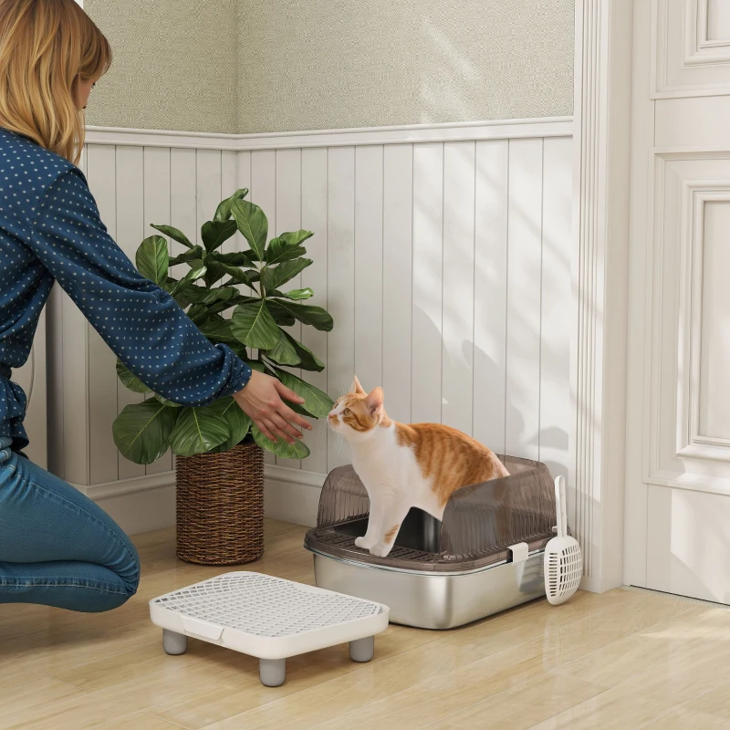 PawHut Arenero para Gatos Cubierto con Bandeja de Acero Inoxidable Bordes Altos Pala Peldaño y Zona para Caída de Arena Gris
