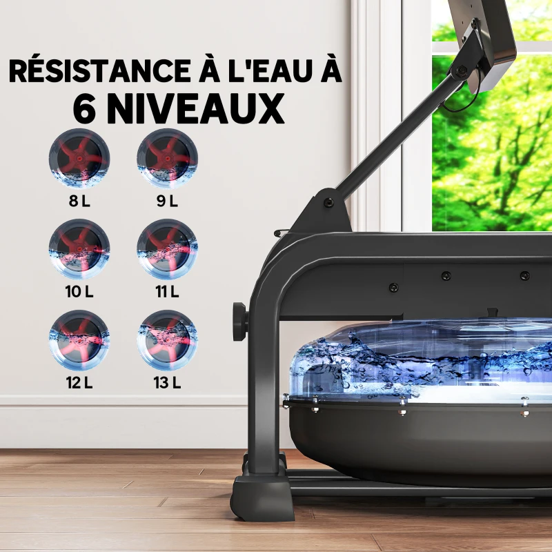 SPORTNOW Rameur à eau rameur musculation d'appartement 6 niveaux de résistance, rangement vertical, roulettes, 180x52x76cm noir