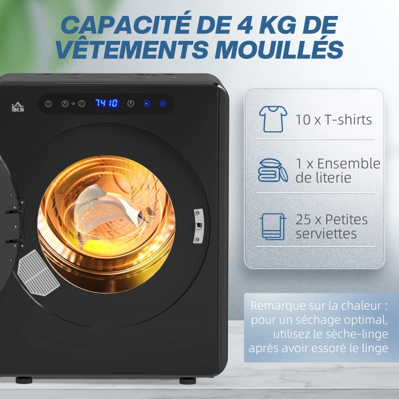 HOMCOM Sèche linge à évacuation, sèche-linge électrique 1000 W 3 Kg, 6 modes de séchage, minuterie, acier inoxydable, noir