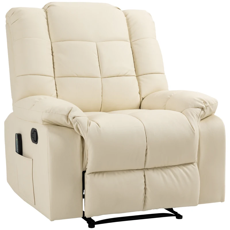 HOMCOM Sillón de Masaje Reclinable con 8 Puntos de Masaje Mando a Distancia Tapizado en PU Reposapiés Bolsillo Lateral Crema