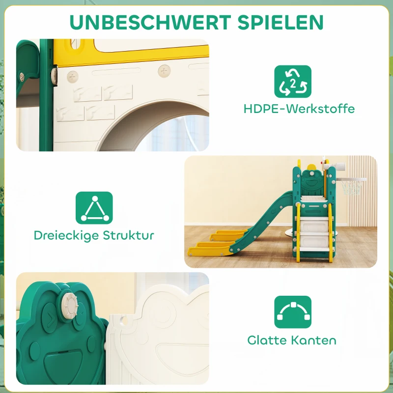 AIYAPLAY Set di Scivoli e Altalene 9 in 1 per Bambini con Canestro da Basket, Telescopio, Lavagna, Design Ranocchio, Giallo e Verde