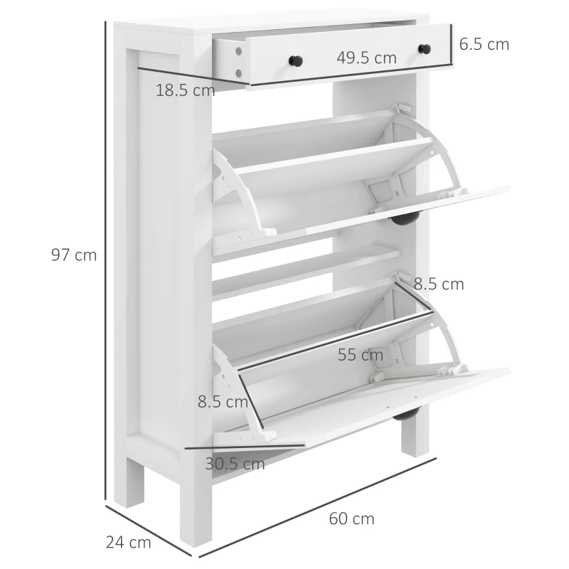 HOMCOM Narrow Shoe Cabinet with 2 Flip Drawers and Adjustable Shelves, White