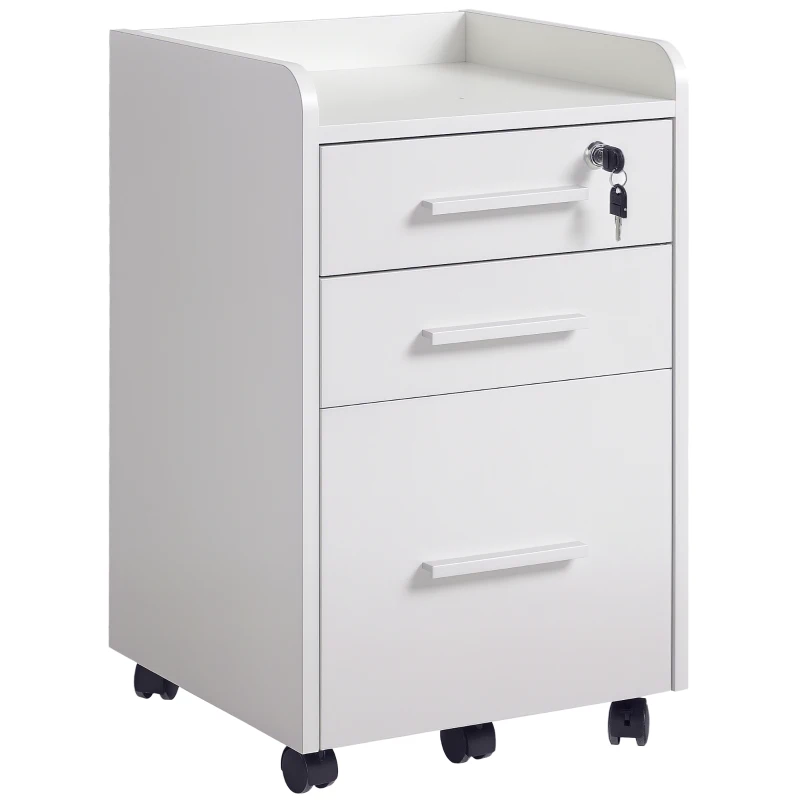 HOMCOM Cassettiera Portadocumento da Ufficio Bianca in Legno, 3 Cassetti con Chiavi e 5 Ruote, 39.2x40x65.4 cm