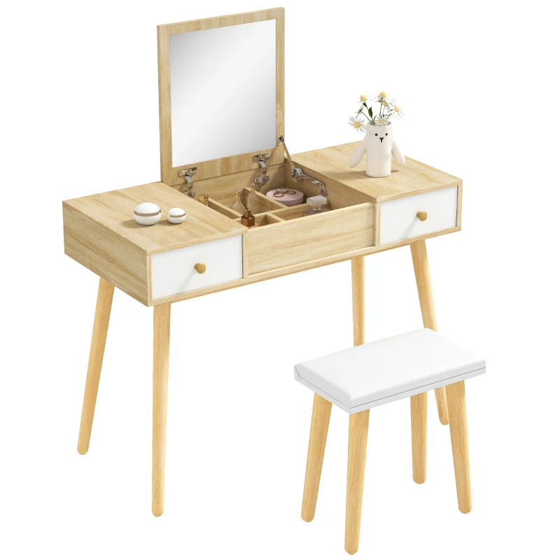 HOMCOM Tavolo da Trucco Moderno con Specchio Estraibile, Organizer Gioielli, 2 Cassetti e Sgabello, Color Legno