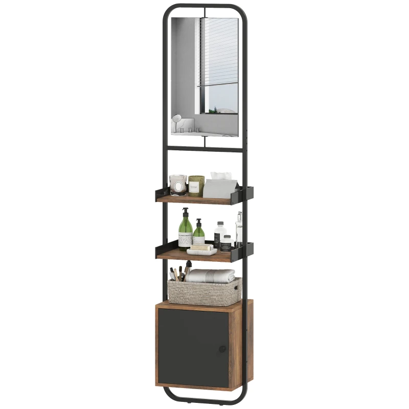HOMCOM Badezimmerregal mit Spiegel, Regal mit verstellbaren Regalen und Schrank, 40x30x179cm, Schwarz
