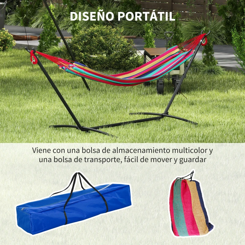 Outsunny Hamaca con Soporte 310x117cm para Camping con Altura Ajustable y Bolsa de Transporte Carga 120 kg Rayas Naranja y Rojo