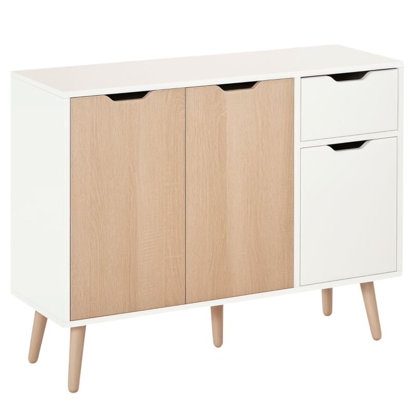 HOMCOM Buffet design scandinave 2 placards tiroir coulissant pieds bois massif pin panneaux particules blanc chêne clair