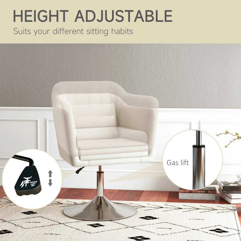 HOMCOM Modern Accent Chair with Swivel Base, Height Adjustable Arm Chair with Pillow for Living Room, Bedroom, Cream White