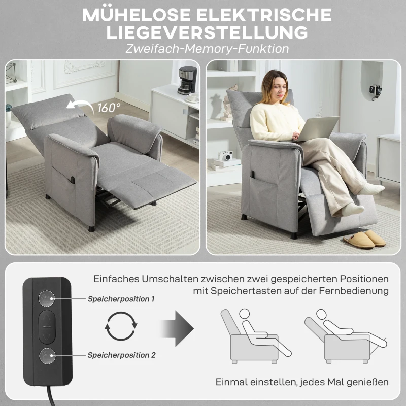 HOMCOM Relaxsessel mit leisem Motor, Polstersessel mit robusten Stoffbezug, Memory-Funktion, anpassbare Fußstütze, Grau(m-5)