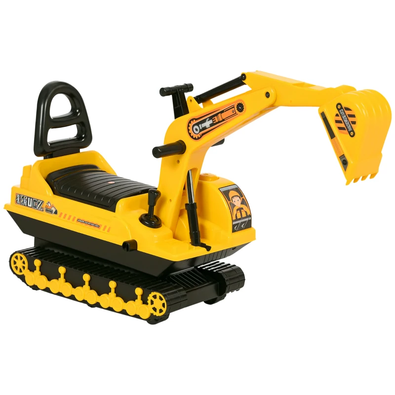 HOMCOM Escavatore Ruspa Giocattolo Cavalcabile per Bambini max. 30 kg con Schienale, Braccio Mobile e Vano Contenitore, 78x24x58.5cm