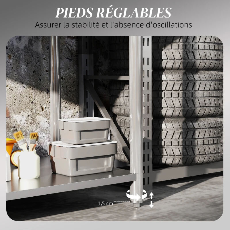 HOMCOM Table de travail, établi d'atelier en acier inoxydable 2 étagère, pour atelier, garage, hangar, 120x60x86cm, argenté