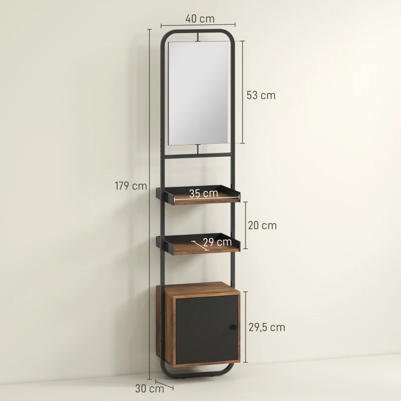 HOMCOM Étagère salle de bain rangement avec miroir, étagère de rangements avec étagères réglables et placard, 40x30x179cm, noir