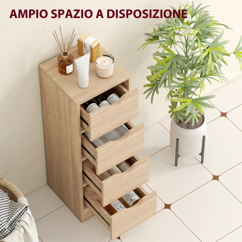HOMCOM Mobile Bagno Salvaspazio con 4 Cassetti e Maniglie Intagliate Stile Nordico, 29x29x83 cm, Legno Naturale