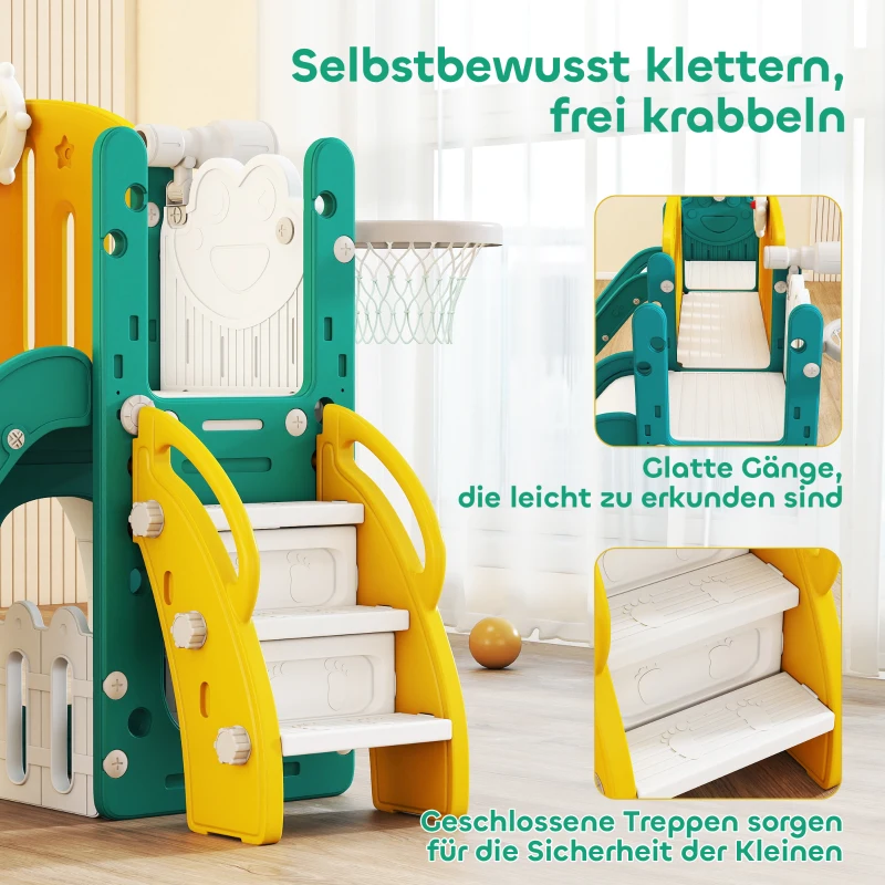 AIYAPLAY 9-in-1 Glij- en Schommelset voor peuters, met basketbalring, telescoop, tekenbord, kikkerontwerp, Geel+Groen(m-7)