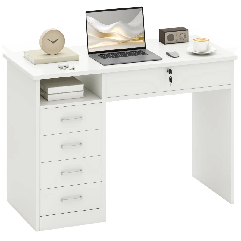 HOMCOM Scrivania per Camera o Ufficio in Legno con 2 Cassetti e 2 Chiavi, 110x50x76cm - Bianco