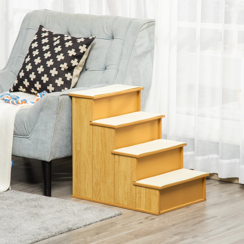 PawHut Huisdierentrap, voor honden/katten, 4-traps, Kortpluche, tot 30 kg, 40 x 59 x 54,2 cm, Natuurlijk