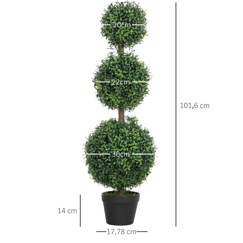 HOMCOM Lote de 2 árboles artificiales 101,6 cm 3 bolas de buxus topiarias planta falsa verde PE con maceta interior y exterior