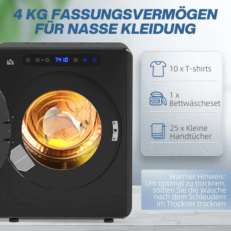 HOMCOM Wasdroger, 6 Programma's, 40-60℃, 4 kg capaciteit, compact, Touch-bediening, Zwart(m-5)
