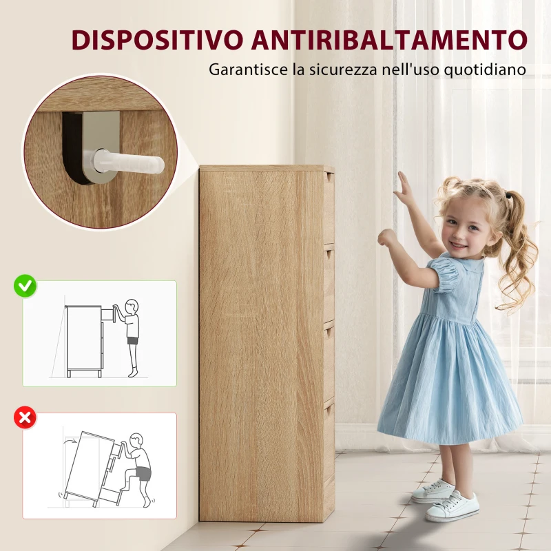 HOMCOM Mobile Bagno Salvaspazio con 4 Cassetti e Maniglie Intagliate Stile Nordico, 29x29x83 cm, Legno Naturale