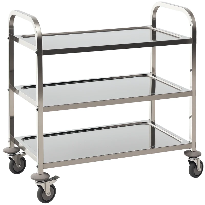 HOMCOM Carrello da Cucina 3 Ripiani Aperti 4 Ruote Omnidirezionali con 2 Freni Cuscinetti Anti-Collisione in Acciaio Inossidabile 430 Argento 90.5x50.5x88.2cm