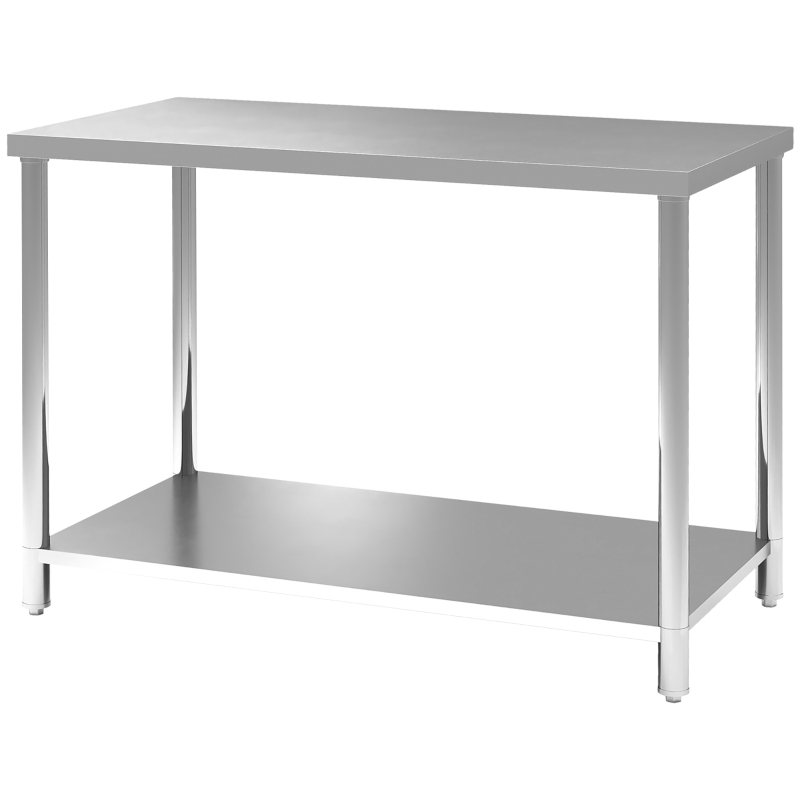 HOMCOM Arbeitstisch, Werkbank aus Edelstahl mit 2 Regalen, für Werkstatt, Garage, Schuppen, 120x60x86cm, Silber