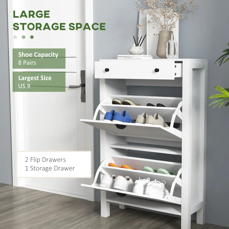 HOMCOM Narrow Shoe Cabinet with 2 Flip Drawers and Adjustable Shelves, White