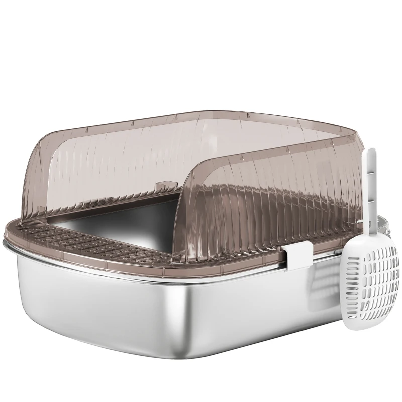 PawHut Arenero para Gatos Cubierto Cerrado con Bandeja de Acero Inoxidable Bordes Altos Pala y Zona para Caída de Arena Gris