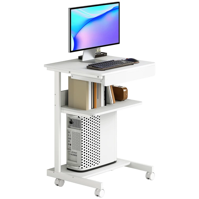 HOMCOM Scrivania per computer con ruote, scrivania con vani 56 x 51 cm con cassetto, compartimento e supporto CPU, bianco