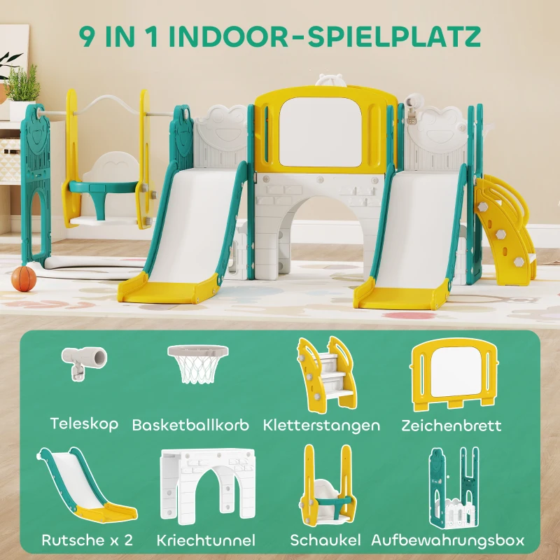 AIYAPLAY 9-in-1 Glij- en Schommelset voor peuters, met basketbalring, telescoop, tekenbord, kikkerontwerp, Geel+Groen(m-4)