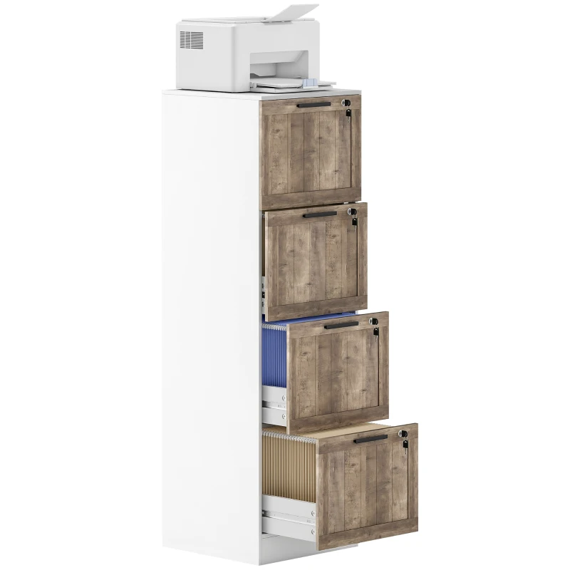 HOMCOM Armadio per Ufficio a 4 Cassetti con 2 Serrature e Barra Portadocumenti A4, in Legno, 39,4x40x129 cm, Bianco e Legno