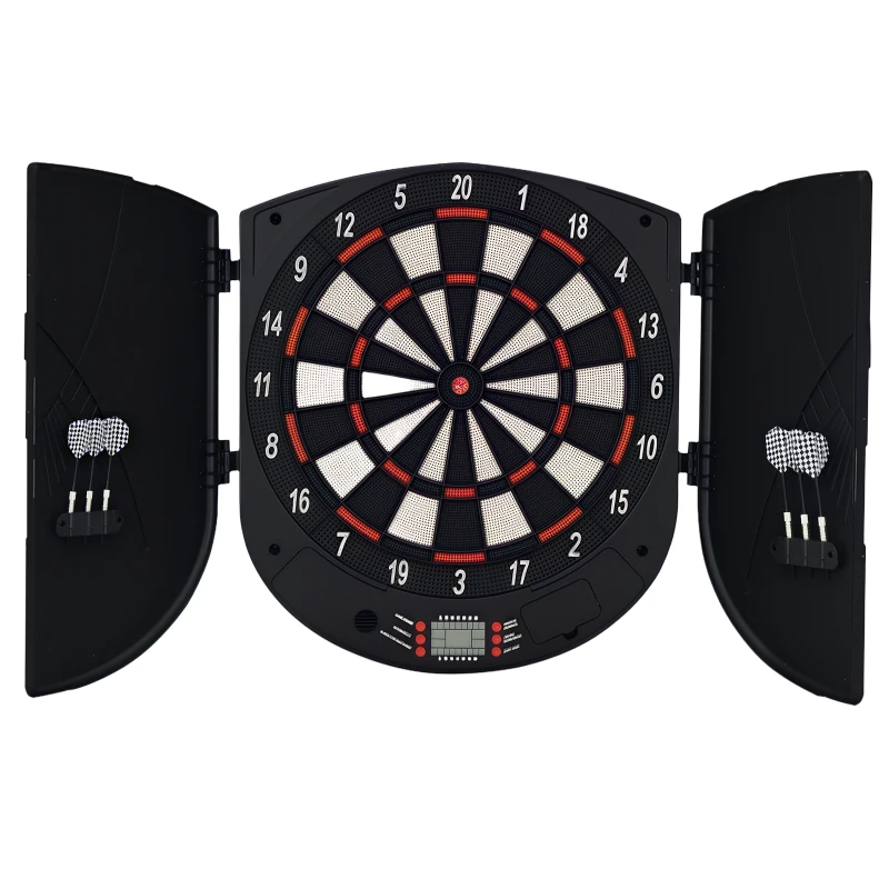 HOMCOM Elektronische Dartscheibe Dartboard mit Sprachansagen Englische Stimme LED-Anzeigen 6 Darts 26 Spiele 185 Varianten Dartautomat mit Tür Dartscheibe Set für bis zu 8 Spieler