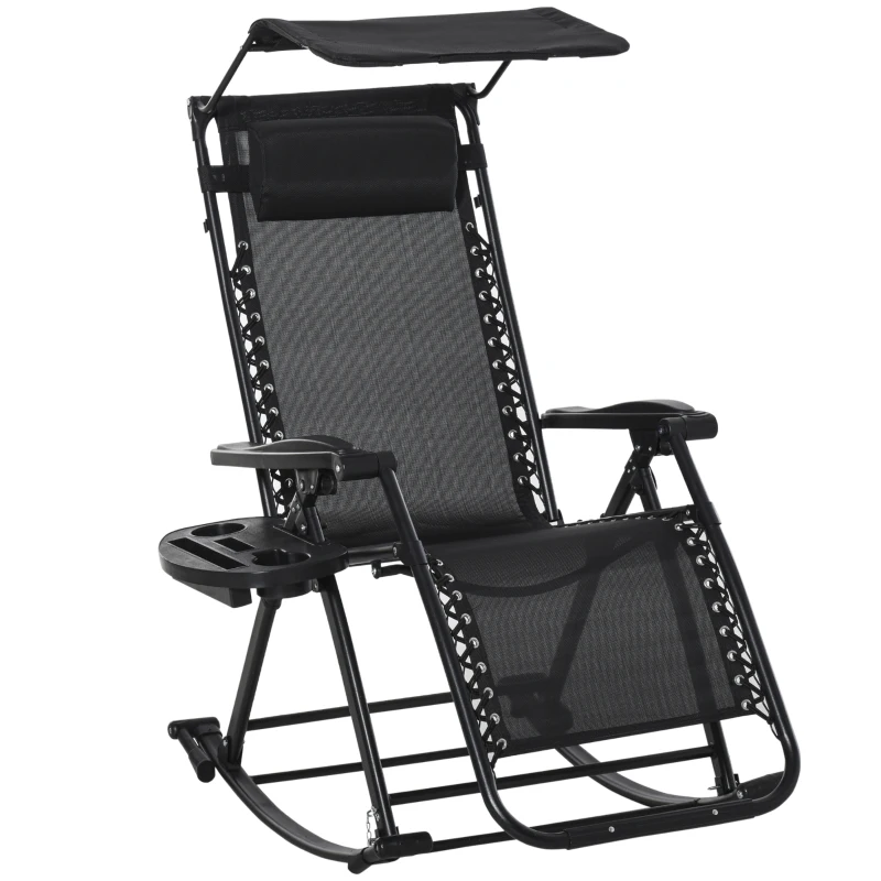 Outsunny Silla Mecedora de Jardín Plegable Tumbona Reclinable con Techo Protección Solar Reposacabezas Extraíble y Reposapiés Estructura de Acero 120x67x102 cm Negro