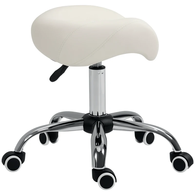 HOMCOM Sgabello da Lavoro a Sella con Ruote e Altezza Regolabile per Negozi Parrucchiere e Tattoo, 52x53x49-61cm Beige