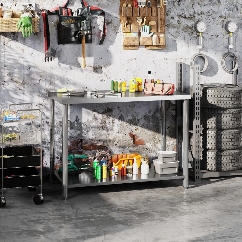 HOMCOM Arbeitstisch, Werkbank aus Edelstahl mit 2 Regalen, für Werkstatt, Garage, Schuppen, 120x60x86cm, Silber