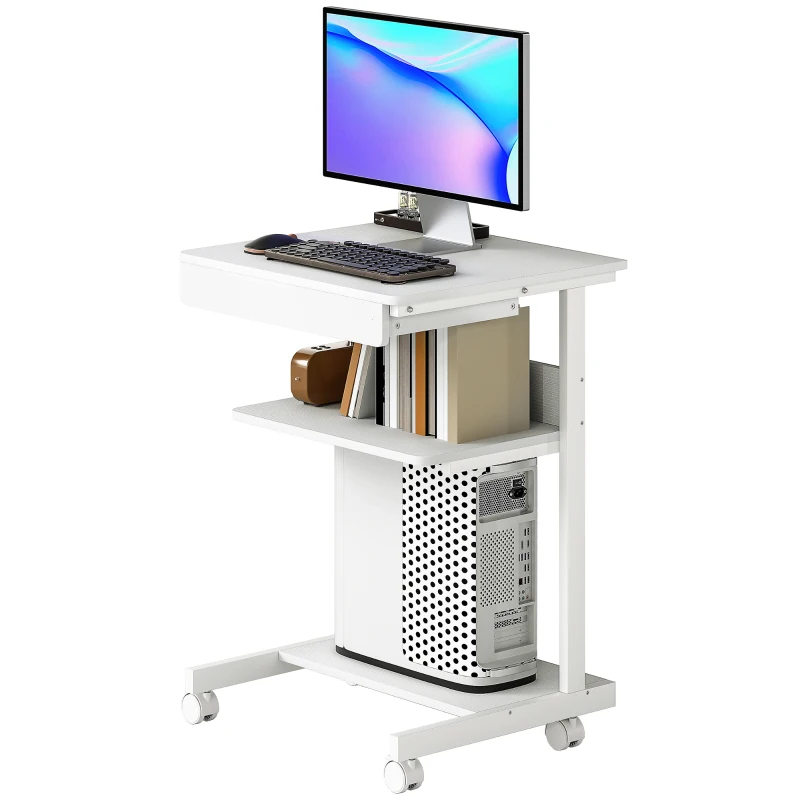 HOMCOM Escritorio de computadora con ruedas, escritorio con almacenamiento 56 x 51 cm con cajón, compartimento y soporte para CPU, blanco