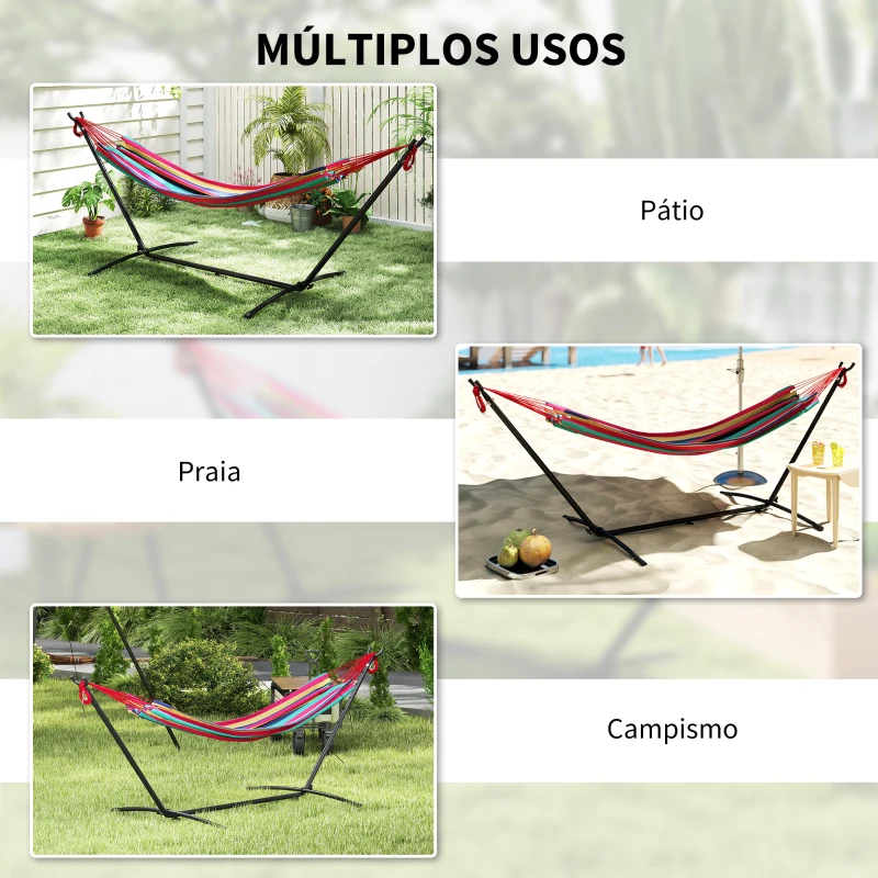 Outsunny Cama Rede com Suporte 310x117 cm com Bolsa de Transporte Altura Ajustável Capacidade 120 kg para Campismo Laranja