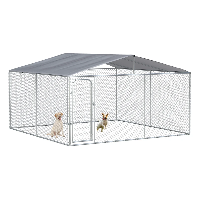 PawHut Canil de Exterior 4x4x2,3 cm com Toldo Anti-UV Recinto para Cães com Porta com Trava e Estrutura de Metal  Prata