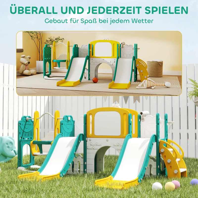 AIYAPLAY Set di Scivoli e Altalene 9 in 1 per Bambini con Canestro da Basket, Telescopio, Lavagna, Design Ranocchio, Giallo e Verde