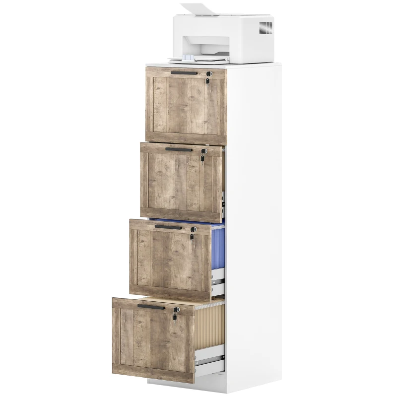 HOMCOM Schreibtischschrank mit 4 Schubladen Schloss 2 Schlüssel Hängemappen für A4 Brief 39,4x40x129 cm Weiß und Holz
