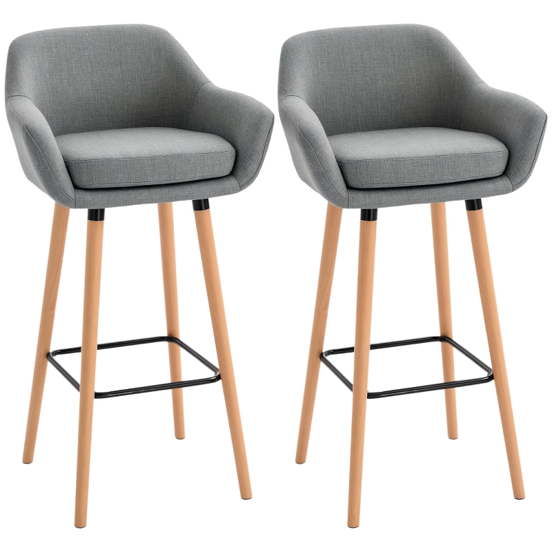 HOMCOM Tabourets de Bar Design scandinave - Lot de 2 tabourets de Bar Grand Confort avec Repose-Pieds et accoudoirs - Bois massif Lin Gris foncé