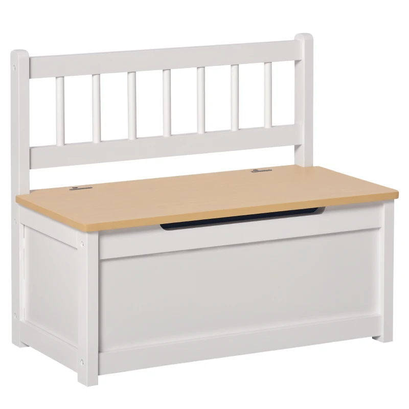 HOMCOM Cassapanca per Bambini 2 in 1 in Legno con Pistone per Chiusura Sicura, 60x30x50cm Bianco e Legno Naturale