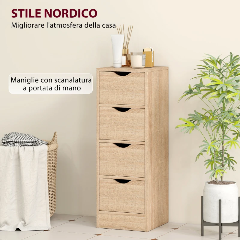 HOMCOM Mobile Bagno Salvaspazio con 4 Cassetti e Maniglie Intagliate Stile Nordico, 29x29x83 cm, Legno Naturale