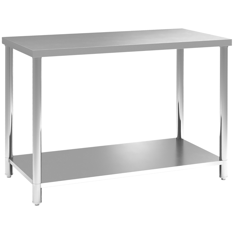 HOMCOM Mesa de trabajo, banco de trabajo de acero inoxidable con 2 estantes, para taller, garaje, cobertizo, 120x60x86cm, plateado