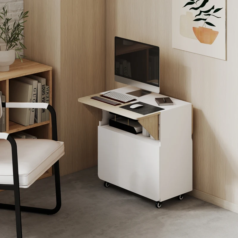 HOMCOM Klapptisch Rollschrank, zwei klappbare Tischseiten, Schrankfach, 4 Rollen, Weiß+Naturholz, 70 x 83 x 75cm(m-9)