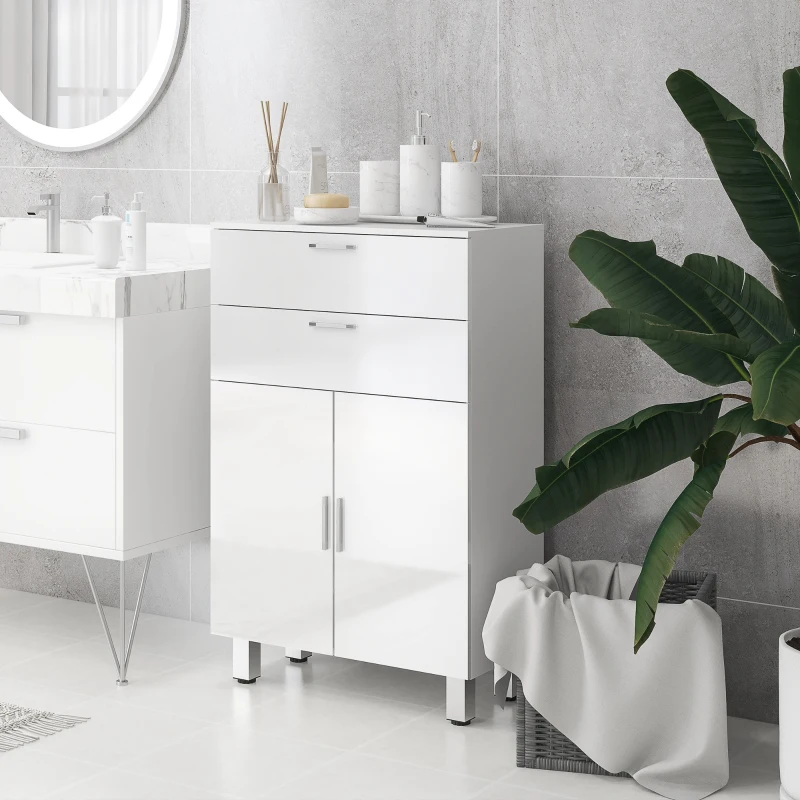 kleankin Meuble de salle de bain avec 2 tiroirs placard à double porte et étagères réglables 60 x 30 x 93 cm blanc brillant