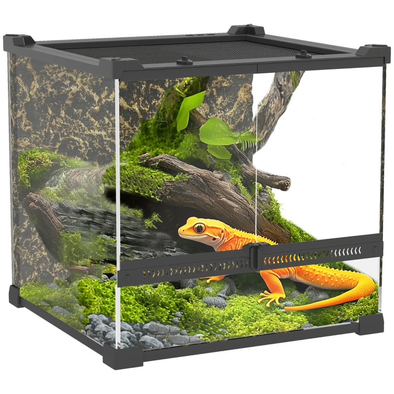 PawHut Reptile Glass Terrarium with Stone Background, Front Ventilation, Escape-Proof Knob Lock, 30 x 30 x 30 cm, Black